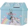 BLUECHOLON Salvadanaio in metallo a forma di casetta con lucchetto, salvadanaio in latta divertente grande formato per bambini e ragazze (Unicorn Celeste)
