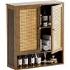 HITNET Pensile Bagno Sospeso, Armadietto da muro bagno in Rattano con Ripiani e Ante, Organizzatore Mobiletto Sospeso in Bambù Salvaspazio sopra la toilette, Noce‌