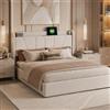 JiaOyu Letto Matrimoniale 140 x 200 cm, con contenitore idraulico imbottito con stazione di ricarica USB, struttura del letto funzionale con cassetti, lino, senza materasso (beige + lino, 140 x 200 cm)