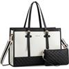 LOVEVOOK Borsa Donna PC 15.6 Pollici, Grande Borsa Lavoro per Computer, Impermeabile Shopper Laptop Tote Bag in Pelle PU e Tela, Handbag da Università Ufficio Shopper, Nero e bianco