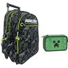 PRESTIGE & DELUXE Trolley Zaino Scuola compatibile con Minecraft Camo Grigio Linee Fluo per bambini primaria media + astuccio 3 zip + 7 penne cancellabili