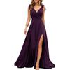 Generic Maxi abito da donna in chiffon con scollo a V e spalline con fiocco e spacco alto formale