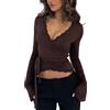 LSFYSZD Top corto da donna con bordo in pizzo Y2k profondo scollo a V a maniche lunghe balletto allenamento yoga camicie pilates outfit slim fit coquette camicette