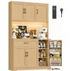 FirFurd 180.5 cm Credenza Cucina Alta con Presa Integrata e Luce LED Rovere | Mobile Cucina a Cassetti｜Porta Interna Con Ripiani Per Spezie｜Ripiani Regolabili｜Ampio Piano di Lavoro｜100.2x38.6x180.5 cm
