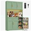 FirFurd 180.5 cm Credenza Cucina Alta con Presa Integrata e Luce LED Verde | Mobile Cucina a Cassetti｜Porta Interna Con Ripiani Per Spezie｜Ripiani Regolabili｜Ampio Piano di Lavoro｜100.2x38.6x180.5 cm