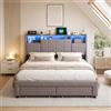 FOERPL Letto Matrimoniale con Cassetti 160x200, letto Imbottito con Led e USB-C Letto Contenitore Matrimoniale 160x200 Struttura letto Matrimoniali con 2 Cassetti in Ferro Grigio Lino, Senza Materasso
