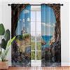 Hiseng 2 Pezzi Tende Voile Trasparente Interni, Decorativi Sheer Tenda per Camera da Letto Finestre Porta Cucina Soggiorno, 3D Vista Mare Stampa Semi Trasparente Tende (140x160cm,Faro)