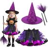 NXPZ Costume da Strega di Halloween per Bambini, Set di Halloween a 3 Pezzi con Abito da Strega, Cappello e Scopa, Adatto a Ragazze di 3-12 Anni per Halloween, Compleanni e Feste