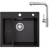 Sofetiy Lavello in granito nero 50 x 45 cm con rubinetto da cucina allungabile, set rettangolare da incasso con scarico, miscelatore in acciaio inox, lavello da cucina