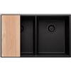 PRIMAGRAN Lavello sottotop al Mobile 80cm + Kit di scarico, 76x47cm | Set: Kit di scarico + Tagliere + Lavandino in Granito a 2 vasche - London Twin, Tutto Nero