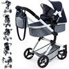 Bayer Design 18481AB Passeggino per bambole Neo Vario, Carrozzina per bambole, regolabile in altezza, blu bianco