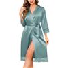 Vlazom Accappatoio Donna Kimono Lungo in Raso Maniche 3/4 Veste da Camera | Lunghezza maxi elegante, kimono in raso lussuoso, perfetto per sposa e damigelle, pizzo delicato ai polsini e all'orlo