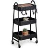 Relaxdays Carrello 3 ripiani, multiuso con ganci per hobby, ufficio, nero | Bagno, cucina, 80x44x32 cm, metallo, PP