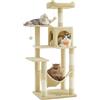 Feandrea Albero per Gatti Alto 143 cm, Tiragraffi per Gatti, con 4 Pali Graffiatoi, 2 Posatoi, 1 Grotta, 1 Amaca, 2 Pompon, in Peluche a Più Livelli, Beige PCT161M01V1