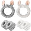 MEMOFYND Set di 2 fasce per capelli con orecchie di coniglio e 4 fasce da polso, da donna, elastiche, per lavare il viso e trucco, bagno (bianco, grigio)
