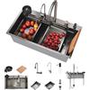 SONNI Lavello da cucina, lavandino, lavello da cucina a cascata con rubinetto estraibile, lavapiatti, dispenser sapone, cestello filtro acqua, pulizia rubinetto, tagliere, set di scarico, acciaio