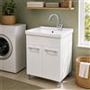 Inbagno Mobile Lavatoio Lavanderia Bianco 60x50 cm con Vasca in Ceramica - Mobiletto Pilozza Compatto a Due Ante con Kit di Scarico Incluso - Già Assemblato Linea Lavanderia