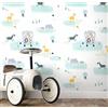 Newroom carta da parati bianca animali savana cameretta bambini | zebre, giraffe, ippopotami e leone in auto, toni pastello blu e giallo, stile scandinavo, nursery