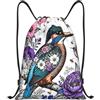 Zelinge Zaino con coulisse, sacca da palestra, Blu Marrone Uccello Flore, S | Borsa con coulisse per sport, campeggio, viaggi, danza
