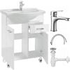 Deftrans Lavabo con mobiletto in piedi, set di mobili da bagno, 85 x 65 x 30 cm, bianco lucido, mobiletto con lavabo e rubinetto con spina a clic, mobile da bagno
