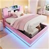 Ktipm Letto Singolo 90x200 cm Letto Bambini Imbottito con USB e LED, Rosa | Letto Singolo con Contenitore Idraulico e Testiera Contenitore, Struttura Letti con Doghe Metallo, Velluto, Senza Materasso