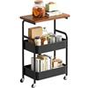 Chingcoo Carrello da cucina in metallo a 3 livelli, con piano in legno e lavagna a incastro, carrello da cucina con ruote e freno, robusto carrello da portata per cucina, ufficio, bagno, carrello per libri