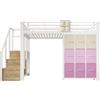 Azkoeesy Letto a soppalco matrimoniale 140x200 cm, struttura in metallo robusta e bassa, cassettiera con 9 cassetti, scala contenitore, armadio, colore bianco per cameretta e adulti