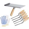 Mestive Set di 7 pezzi in acciaio inox per fughe, 300 x 150 mm + 5 cazzuole per fughe, larghezza 6, 8, 10, 12, 15 mm, con guanti, per muratori e lavori di smontaggio