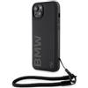 CG MOBILE Custodia BMW BMHCP15S23RMRLK per iPhone 15/14/13 Custodia Rigida Nera da 6,1 Pollici con Scritta in Pelle con Cordino