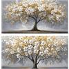 DRW Set di 2 Quadri su Tela con Alberi e con Parte Dipinta a Mano in Bianco, Giallo e Marrone, 3 x 120 x 60 cm