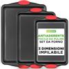 NutriChef Set 3 Teglie da Forno Antiaderente, Acciaio al Carbonio con Rivestimento Grigio, Maniglie in Silicone Rosso, 4.5 Litri, Fino a 230 °C, per Dolci, Arrosti e Uso Quotidiano in Cucina, Nero