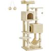 Feandrea Albero per Gatti Alto 150 cm, Tiragraffi in Peluche a Più Livelli | 5 Pali Graffiatoi, 2 Posatoi, 2 Grotte, Amaca, 2 Pompon, Beige Sabbia, Collezione CLAWFY PCT192M01