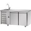 Tavolo Refrigerato 2 porte, con lavello sinistro. 310 Lt. Acciaio inox. -2°/+8°C. - Cm. 142x70x85H. * MOTORE A SINISTRA *