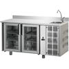 Tavolo Refrigerato 2 porte,con lavello a destra e alzatina. 310 Lt. -2°/+8°C. - Cm. 142x70x85H. *PORTE IN VETRO*