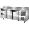 Tavolo Refrigerato 2 porte + cassettiera a 2 cassetti, con alzatina. 300 Lt. Acciaio inox. -2°/+8°C. Cm. 191x60x85H.