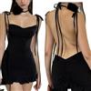 SDFWGG Abito Estivo Donna Mini Aderente Schiena Scoperta con Spalline Annodate Prendisole Abito Senza Maniche Donna Vestito Corto Slim da Spiaggia con Volant