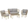Outsunny Salotto da Giardino Rattan 4 Pezzi Divano 2 Posti Tavolino Giallo | 2 Poltrone, con Piano in Vetro, Stile Boho, Cuscini Sfoderabili