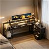 ThomP Scrivania a L con supporto per monitor, luce LED, prese, 7 cassetti e ripiani, scrivania angolare per gaming e home office, marrone/beige/grigio