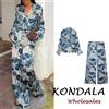 KONDALA Completo Estivo Casual da Donna Chic Vintage con Stampa Floreale Blu, Camicia con Bottoni e Cintura + Pantaloni Lunghi con Tasche, Moda 2026