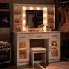 NONE Tavolo da trucco professionale bianco con specchio LED Hollywood e 3 colori di luce dimmerabili per palcoscenico, servizi fotografici e trucco in studio, completo di sgabello e 9 cassetti