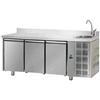 Tavolo Refrigerato 3 porte, con lavello a destra e alzatina. 460 Lt. Acciaio inox. -2°/+8°C. - Cm. 187x70x85H.