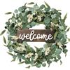 Sggvecsy Ghirlanda di eucalipto artificiale verde con cartello di benvenuto, 50,8 cm, ghirlanda primaverile estiva con bacche bianche, per porta d'ingresso, parete, finestra, festival, casa colonica,