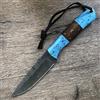 Hobby Hut HH-409, 24,13 cm, coltello damasco in acciaio fatto a mano, coltello da caccia con fodero in pelle, manico in legno e turchese, coltello damascato, coltello da caccia completo, lama fissa