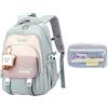 Moerstar Zaino Scuola Ragazza, Zaino Scuola Elementare con Ciondolo Astuccio Grande Capacità Impermeabile Borsa per Viaggi Scuola Vacanze (Verde)