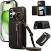 YANJIEER ESONG Cover per iPhone 17 Portafoglio Case con Cordino Cinturino e Ring,Custodia A Libro In Pelle Flip Cerniera,Caso per Donna Con Porta Carte,Magnetica,Supporto Nero