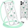 Krdvekm Cordino Cover per iPhone 14 Pro 6,1'', Aesthetic Fiori Motivo Disegno Magnetica Trasparente PC Compatibile con MagSafe Case Corda Laccio Antiurto Protettiva Custodia per Ragazze, Verde