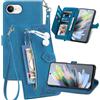 Fofvccv Custodia Portafoglio per Apple iPhone 17e SZY Blu | Cover a Libro in Pelle PU conTasca Zip Porta Carte Cinturino da Polso Supporto Antiurto Motivo Fiori per iPhone 16e