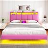 Brinlawb Letto Matrimoniale 160x200 cm con Testiera Imbottita, LED e Ricarica, Rosa | 2 prese AC, 1 USB-A e 1 USB-C; doghe in legno massello; 60.000 colori LED regolabili via APP; testiera con vano portaoggetti.