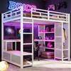 Wyibwy Letto a soppalco 140x200cm con illuminazione a LED e porta USB,metallo Letto a castello con armadio a maglie aperte,scrivania e ripiani,,struttura letto per ado con spazio di archiviazione(Bianco)