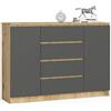 AKORD Cassettiera K 140 cm 4 Cassetti e 2 Ante | Moderna Mobiletto per Soggiorno Sala da Pranzo Camera da Letto Corridoio Bagno | Armadio Cameretta | Piano Laminato | Rovere Artigianale/Grigio Grafite